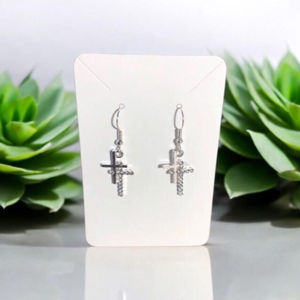 29. Silver Tone Double Cross Dangle Earrings